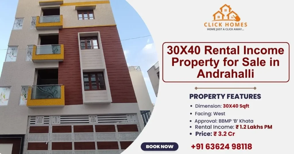 30X40 Rental Income Property for Sale in Andrahalli: Multi-story residential rental property for sale in Andrahalli Bangalore with West facing and BBMP B Khata approval.
