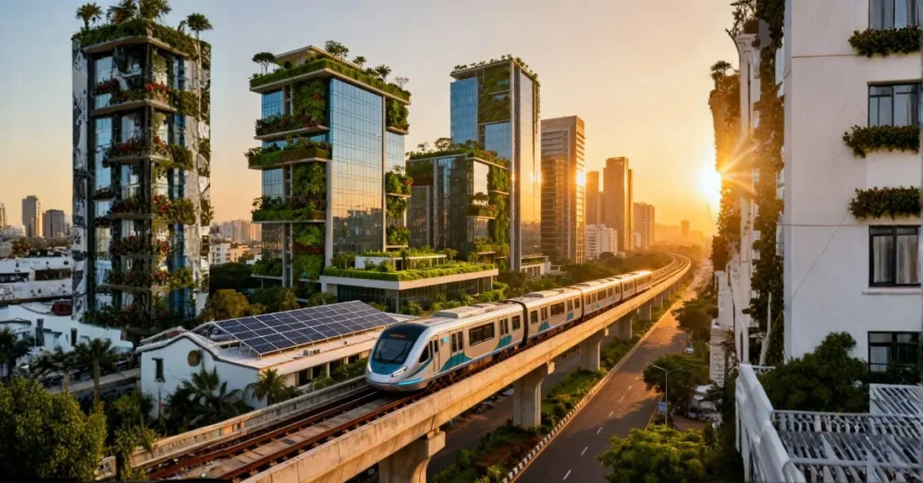 Comprehensive Guide to Real Estate Investment in Bengaluru Property 2026: A futuristic 2026 Bengaluru skyline featuring eco-friendly glass high-rise buildings with vertical gardens, solar panels, and a sleek Namma Metro train on an elevated track during a golden hour sunset.