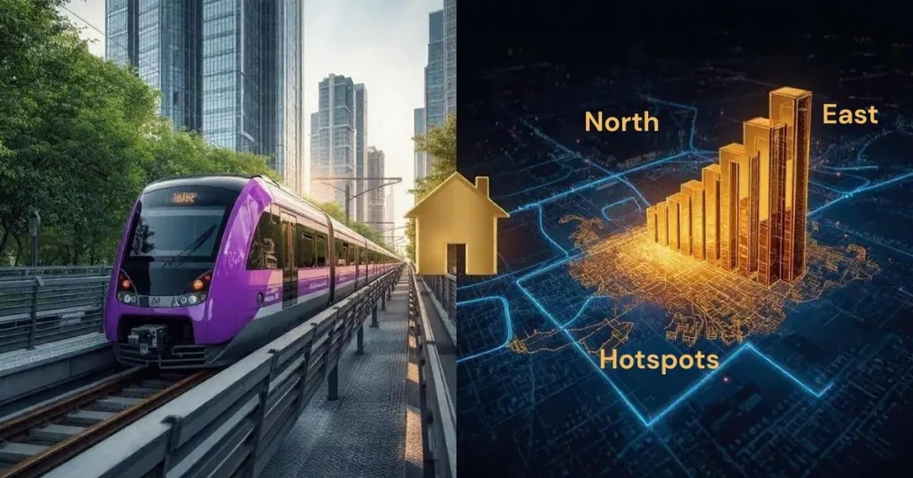Latest Bangalore Property Price Trends: A split-screen graphic showing a purple Namma Metro train on the left and a glowing 3D digital map of Bengaluru on the right, highlighting growth "Hotspots" in the North and East.