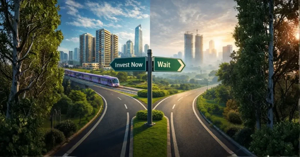 Should you invest in Bangalore property in 2026 or wait?: A conceptual split-screen image of Bengaluru in 2026 showing a fork in the road with signposts pointing to "Invest Now" and "Wait." The "Invest Now" side features a vibrant city with a purple Metro train, modern skyscrapers, and clear skies, while the "Wait" side shows a hazy, less developed urban landscape at sunset.