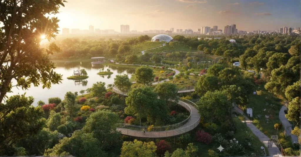 The 153-Acre Basavanna Biodiversity Park: An expansive aerial view of the proposed 153-acre Vishwa Guru Basavanna Biodiversity Park in Bengaluru, featuring lush greenery, a serene lake with small islands, winding elevated wooden walkways, and a modern glass dome structure nestled in the landscape against a city skyline at sunset.