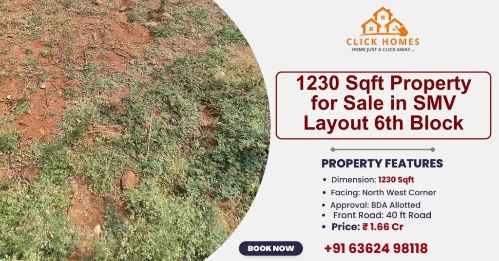 1230 Sqft Plot for Sale in SMV Layout 6th Block: A real estate listing flyer for a 1230 sqft North West corner property for sale in SMV Layout 6th Block, Bangalore. The image shows the land plot and key features including BDA approval and a 40 ft front road.