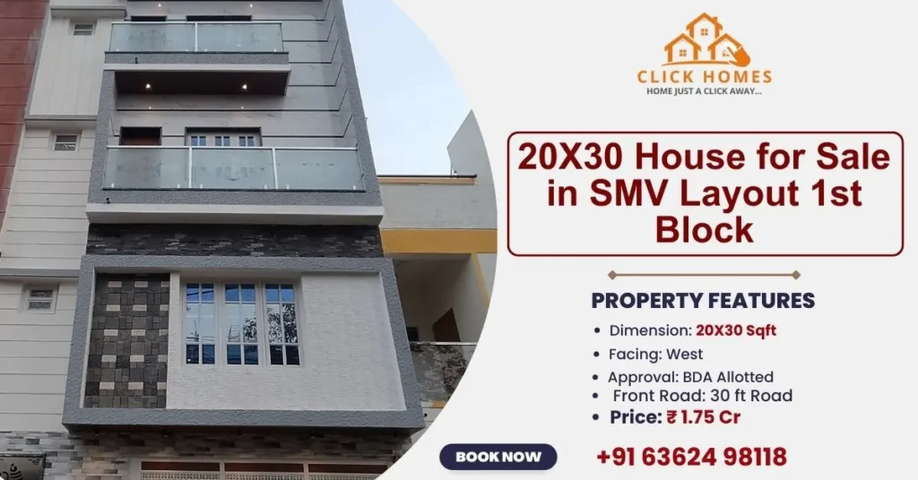3BHK BDA Property for Sale in SMV Layout 1st Block: A modern four-story residential building with a grey and white textured facade, glass-railing balconies, and stone cladding. To the right, text overlays detail the property: 20x30 Sqft, West-facing, BDA allotted, 30 ft front road, priced at 1.75 Crore. Contact number and Click Homes logo are visible.