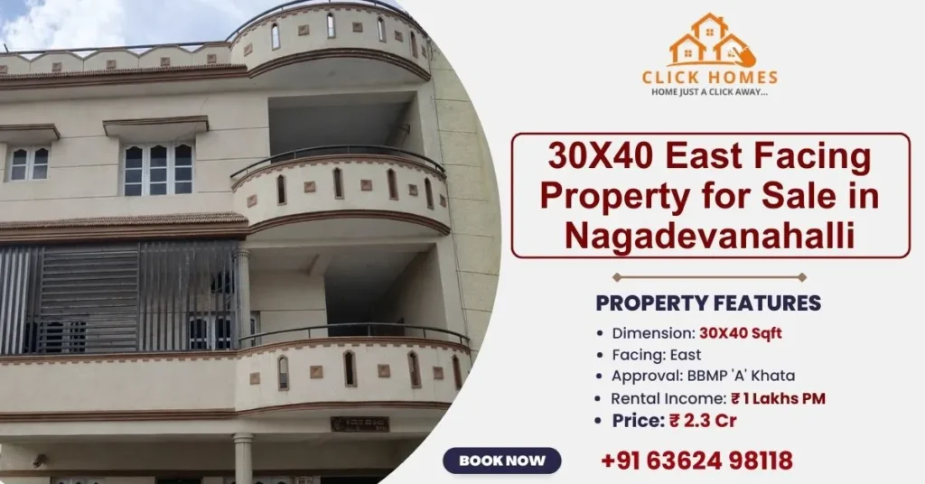 30X40 G+2 House for Sale in Nagadevanahalli: A three-story East-facing residential building for sale in Nagadevanahalli, Bangalore, featuring BBMP A Khata approval and generating 1 Lakh monthly rental income, listed by Click Homes.