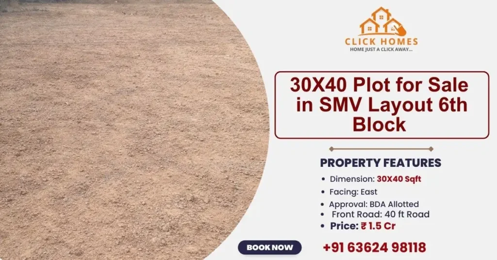 30X40 Plot for sale in SMV Layout 6th Block: Real estate marketing flyer for a 30x40 BDA plot for sale in SMV Layout 6th Block, Bangalore, featuring an East-facing orientation and a 40 ft wide front road for ₹1.5 Cr.