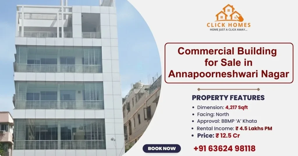 Commercial Property in Annapoorneshwari Nagar: Real estate advertisement for a commercial building for sale in Annapoorneshwari Nagar, Bengaluru, featuring a North-facing 4,217 sq. ft. property with BBMP ‘A’ Khata approval and ₹4.5 Lakhs monthly rental income for ₹12.5 Cr.