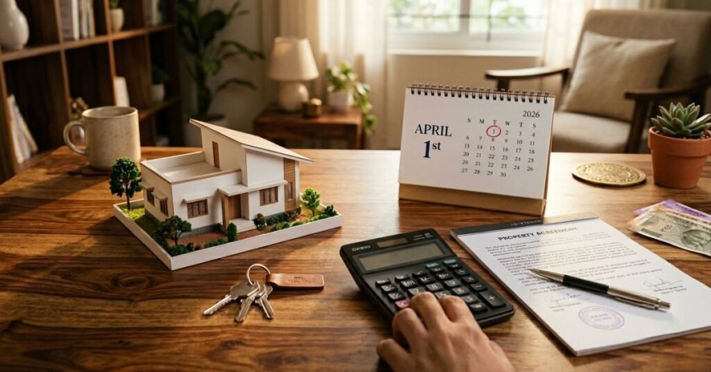 Impact of Revision in Guidance Value: A professional desk setup featuring a model house, a calculator, house keys, and a calendar marked for April 1st, 2026, representing property guidance value calculations for real estate in Bengaluru.