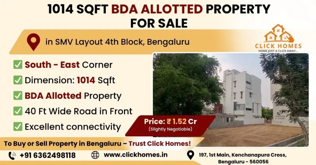 Corner Site for Sale in SMV Layout 4th Block: A leveled and clean 30x40 sqft residential plot for sale in SMV Layout 1st Block, Bengaluru, featuring West-facing orientation, BDA allotment, and a 30ft wide road in front, marketed by Click Homes.