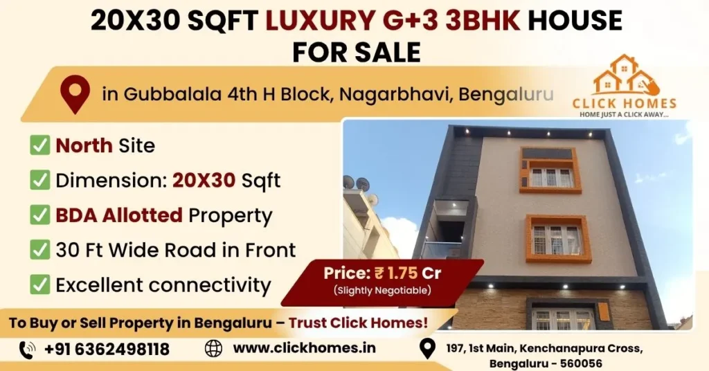 20X30 BDA Site House for Sale in Gubbalala: A modern G+3 luxury 3BHK residential building for sale in Gubbalala 4th H Block, Nagarbhavi, Bengaluru, featuring a North-facing site, BDA allotment, and contemporary facade lighting, marketed by Click Homes.