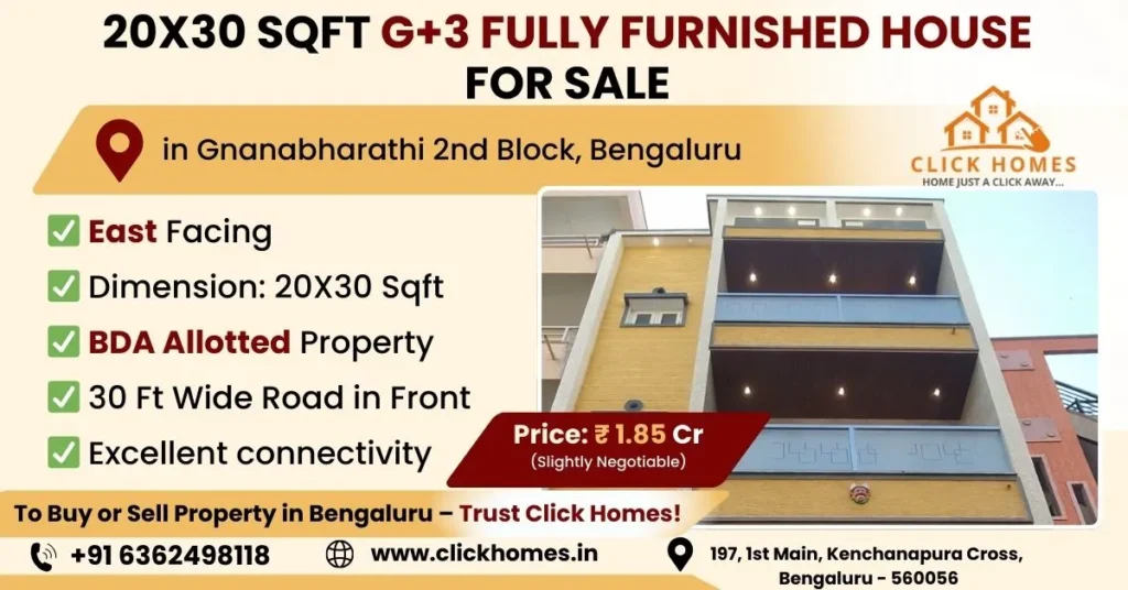 20X30 House for Sale in Gnanabharathi: A premium G+3 fully furnished residential building for sale in Gnanabharathi 2nd Block, Bengaluru, featuring an East-facing orientation, BDA allotted property status, and modern architectural design, marketed by Click Homes.