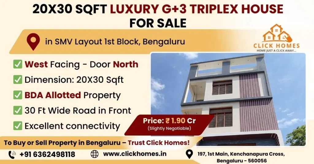 20X30 Triplex House for Sale: A premium G+3 luxury triplex residential building for sale in SMV Layout 1st Block, Bengaluru, featuring a West-facing site with a North-facing main door, BDA allotted status, and modern architectural design, marketed by Click Homes.