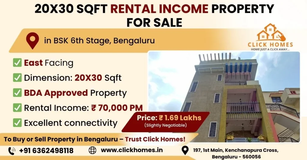 G+3 BDA House for Sale in BSK 6th Stage: A vacant, leveled 30x40 sqft residential plot for sale in Railway Layout 1st Stage on Ullal Main Road, Bengaluru, featuring East-facing orientation, BDA approval, and a 30ft wide road access, marketed by Click Homes.