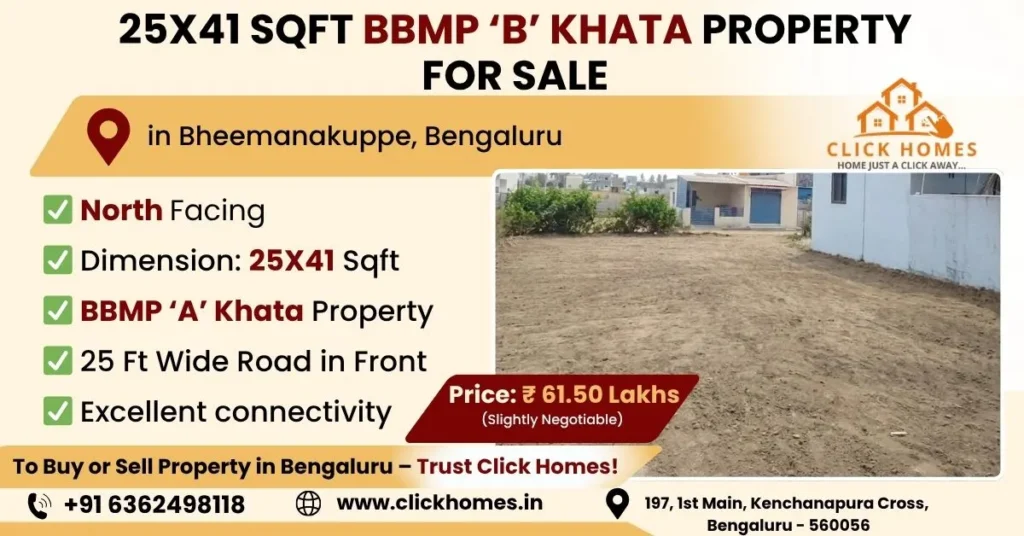 25X41 Site for Sale in Bheemanakuppe: A leveled 30x40 sqft residential plot for sale in Railway Layout 1st Stage near Ullal Main Road, Bengaluru, featuring East-facing orientation, BDA approval, and a 30ft wide front road, marketed by Click Homes.