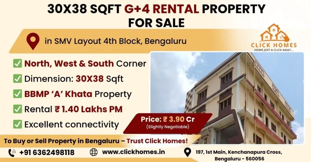 Corner Property for Sale in SMV Layout: A vacant residential South-East corner plot for sale in SMV Layout 4th Block, Bengaluru, featuring 1014 sqft area, BDA allotment, and a 40ft wide front road, marketed by Click Homes.