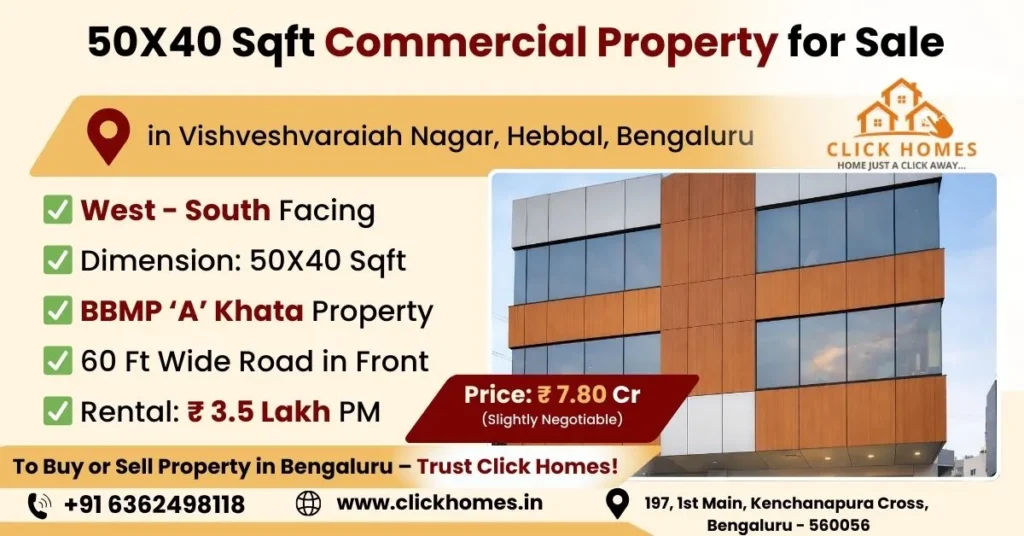 G+3 Commercial for Sale in Vishveshvaraiah Nagar: Marketing flyer for a 50X40 Sqft West-South facing commercial property in Vishveshvaraiah Nagar, Hebbal, Bengaluru, with BBMP 'A' Khata and a rental income of ₹ 3.5 Lakh PM.