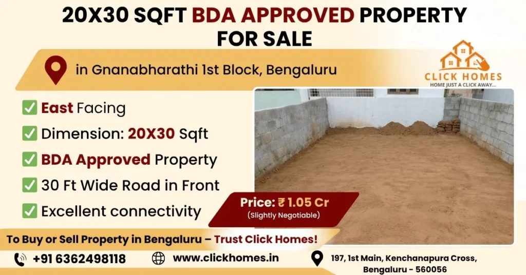 20X30 Site for Sale in Gnanabharathi 1st Block: A leveled 40x60 sqft residential North facing plot for sale in SMV Layout 2nd Block, Bengaluru. The property is BDA allotted, features a 40ft wide road in front, and is listed by Click Homes.