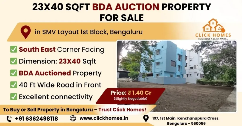 23X40 Site for Sale in SMV Layout 1st Block: A leveled residential 20x30 sqft plot for sale in Gnanabharathi 1st Block, Bengaluru, featuring East-facing orientation, BDA approval, and a 30ft wide road in front, marketed by Click Homes.