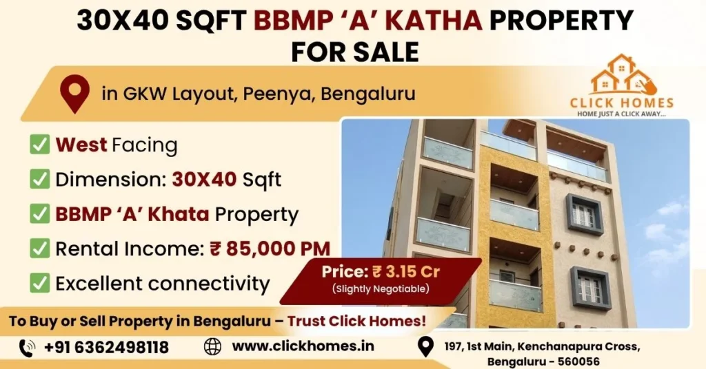 30X40 G+3 House for Sale in GKW Layout, Peenya: A spacious, leveled 4,412 sqft corner residential plot for sale in Bandemutt, K.S. Town, Bengaluru, featuring North-West and South facing orientation, BBMP 'A' Khata status, and an 80ft wide road in front, marketed by Click Homes.