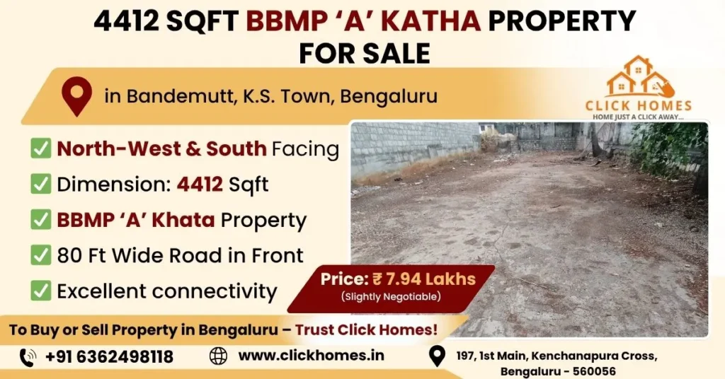 4412 Sqft BBMP A Khata Site for Sale in Bandemutt: A vacant residential 40x60 sqft plot for sale in SMV Layout 6th Block, Bengaluru, featuring West-facing orientation, BDA allotment, and a 40ft wide road in front, marketed by Click Homes.
