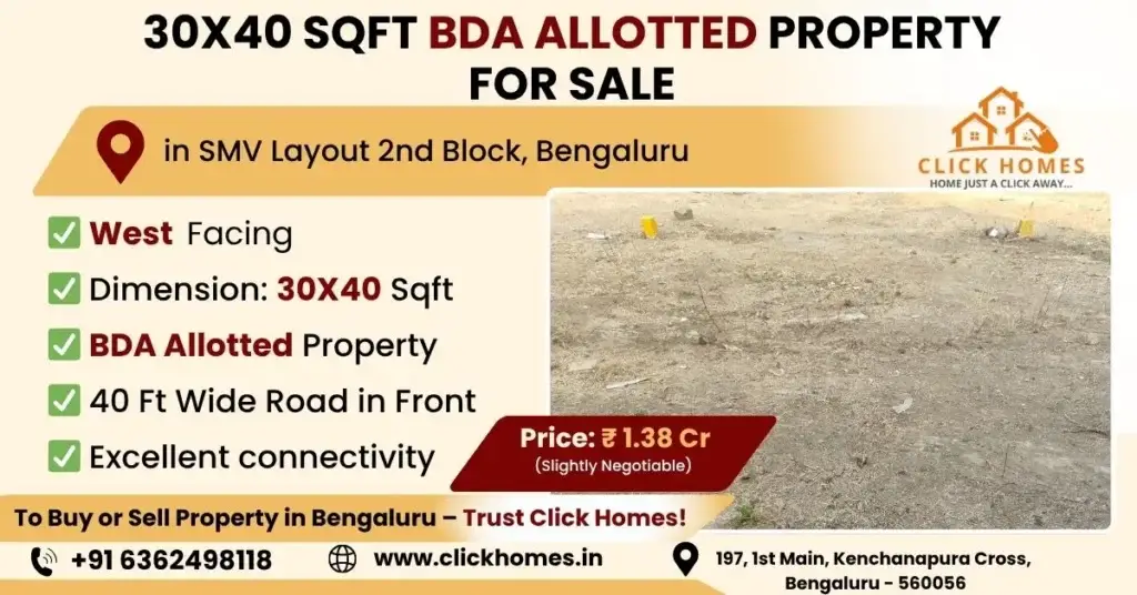 30X40 BDA Site for Sale in SMV Layout 2nd Block: A modern multi-story residential rental property for sale in Banashankari 6th Stage, Bengaluru. The building is 20x30 sqft, East-facing, BDA approved, and yields ₹70,000 monthly rental income. Marketed by Click Homes.