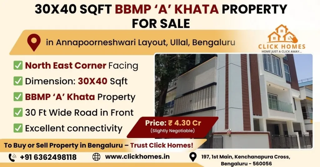 30X40 Property for Sale in Annapoorneshwari Layout: A modern G+4 fully furnished residential apartment building for sale in Annapoorneshwari Layout, Bengaluru. Features North-facing orientation, BBMP 'A' Khata, and an established monthly rental income of ₹2.10 Lakhs, marketed by Click Homes.