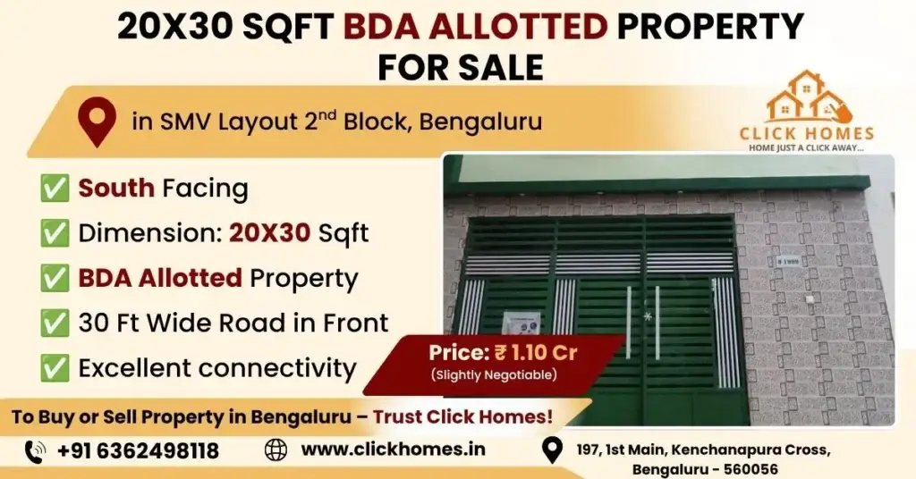 20X30 Independent House for Sale: A real estate marketing banner from Click Homes advertising a 20X30 Sqft BDA allotted property for sale in SMV Layout 2nd Block, Bengaluru. The property is south-facing, located on a 30 ft wide road, and priced at ₹1.10 Cr. An inset image shows a green metal gate and tiled building exterior wall.