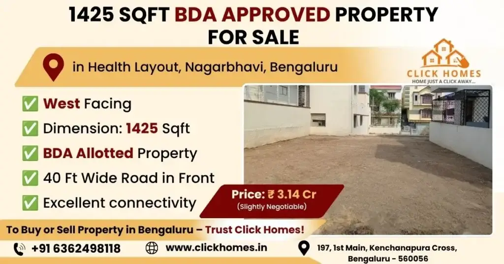 1425 Sqft Site for Sale in Health Layout: Alt Text: A vacant, leveled 1425 sqft residential plot for sale in Health Layout, Nagarbhavi, Bengaluru. The land features a West-facing orientation, BDA allotted status, and sits in a developed neighborhood fronted by a 40ft wide road, listed by Click Homes.