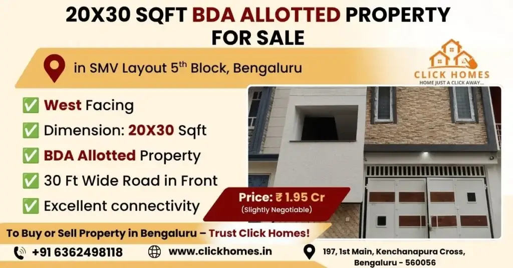 20X30 Property for sale in SMV Layout 5th Block: A modern residential house building facade for sale in SMV Layout 5th Block, Bengaluru. The property features a 20x30 sqft dimension, West-facing orientation, a secure white and brown main gate, and a 30ft wide front road, listed by Click Homes.
