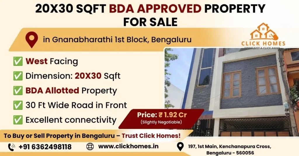 20X30 Property for Sale in Gnanabharathi 1st Block: Real estate marketing poster by Click Homes showcasing a 20X30 Sqft BDA approved West-facing property for sale in Gnanabharathi 1st Block, Bengaluru, priced at ₹ 1.92 Cr. The poster highlights a 30 Ft wide front road and shows an inset exterior photo of a multi-story modern residential home with stone cladding and wooden-framed windows.