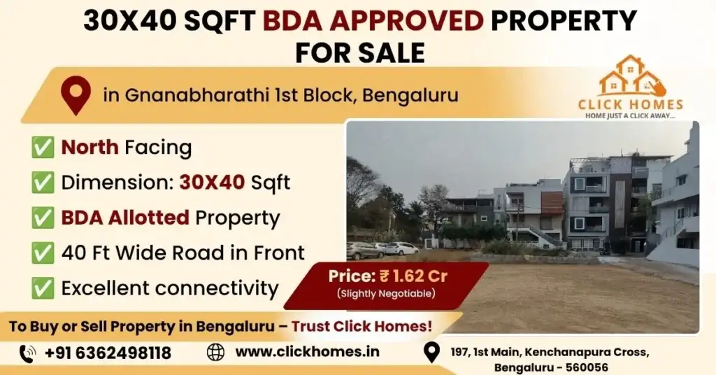 30X40 BDA Site for Sale in Gnanabharathi: A vacant, clean 30x40 sqft residential plot for sale in Gnanabharathi 1st Block, Bengaluru. The land is North-facing, BDA allotted, and features a wide 40ft front road with modern residential buildings visible in the background, marketed by Click Homes.