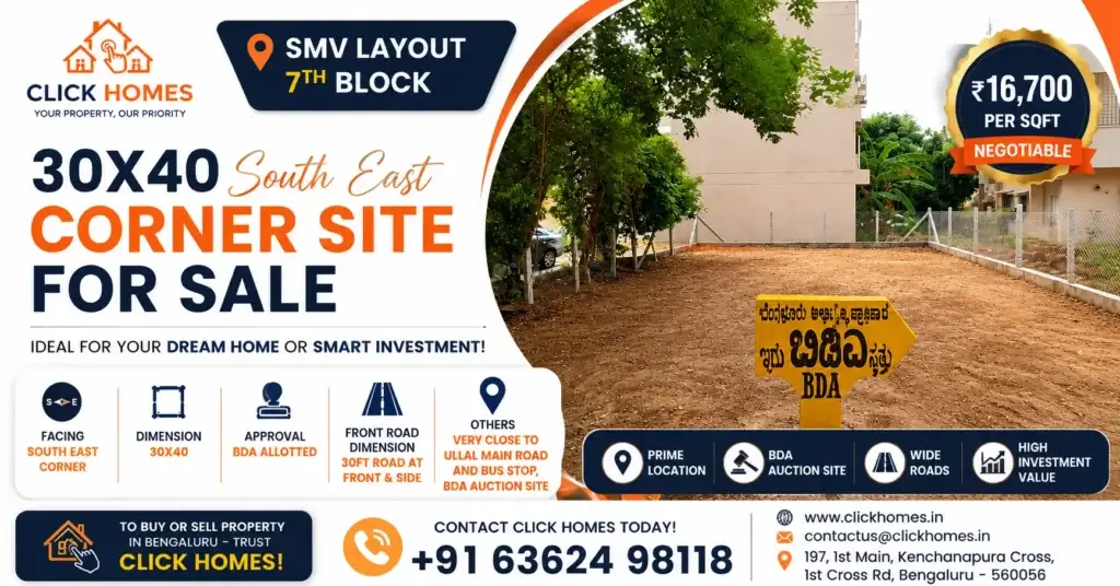 30X40 Site for Sale in SMV Layout 7th Block: A vacant, fenced 30x40 sqft South East corner residential plot with dirt ground and a yellow BDA marker sign in SMV Layout 7th Block, Bengaluru. Listed by Click Homes at ₹16,700 per sqft.