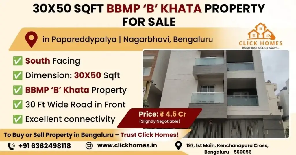 30X50 Property for Sale in Papareddypalya: A modern multi-story residential building facade with glass balconies for sale in Papareddypalya, Nagarbhavi, Bengaluru. The property features a 30x50 sqft footprint, South-facing orientation, BBMP 'B' Khata document status, and sits on a 30ft wide road, listed by Click Homes.
