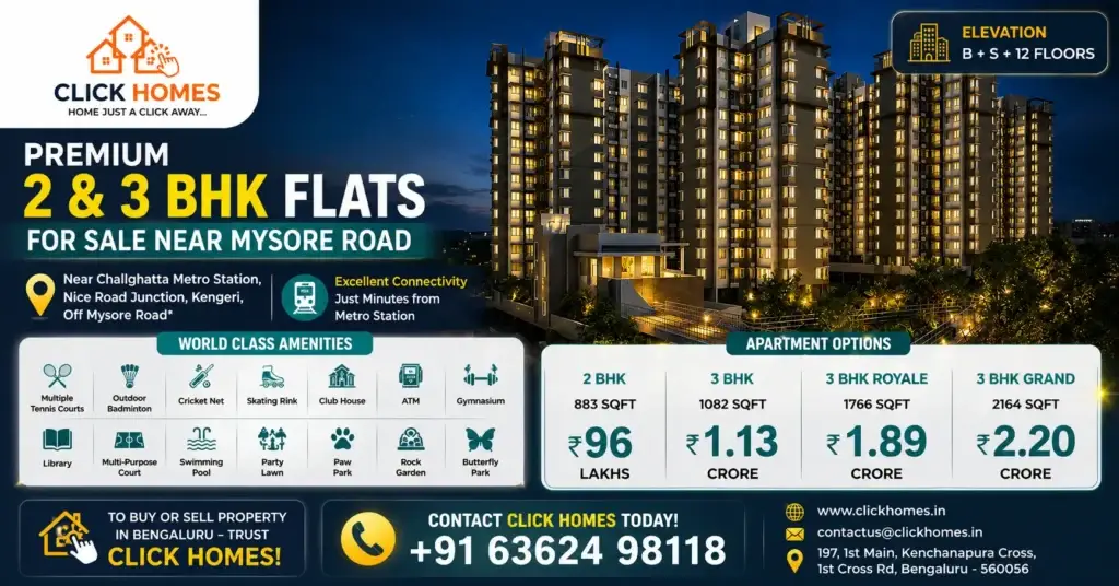 2 & 3 BHK Flats for Sale near Mysore Road: Promotional banner for premium 2 and 3 BHK luxury apartments for sale near Mysore Road, Kengeri, Bengaluru. Features a illuminated B+S+12 floor high-rise building at night, price details, and a list of world-class amenities presented by Click Homes.