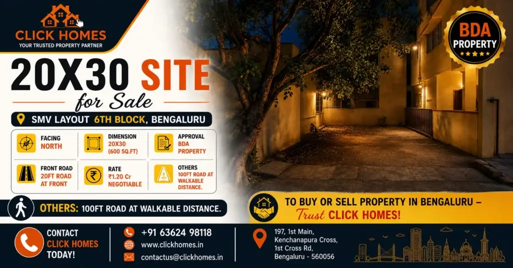 20X30 Site for Sale in SMV Layout 6th Block: A residential plot space flanked by residential buildings at night in SMV Layout 6th Block, Bengaluru. Features a 20x30 sqft North-facing BDA property listing by Click Homes with a 20ft front road and walkable distance to a 100ft road.