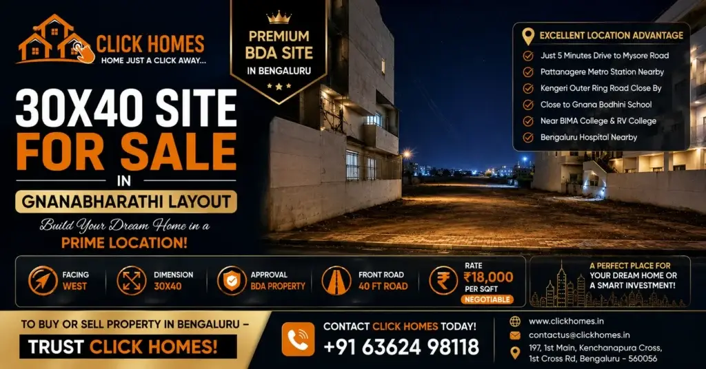 30X40 Site for Sale in Gnanabharathi Layout: A vacant, clean 30x40 sqft residential site at night in Gnanabharathi Layout, Bengaluru. The image shows a paved street, streetlights, and surrounding multi-story buildings, detailing a West-facing BDA property listing by Click Homes with a 40ft front road, priced at ₹18,000 per sqft.