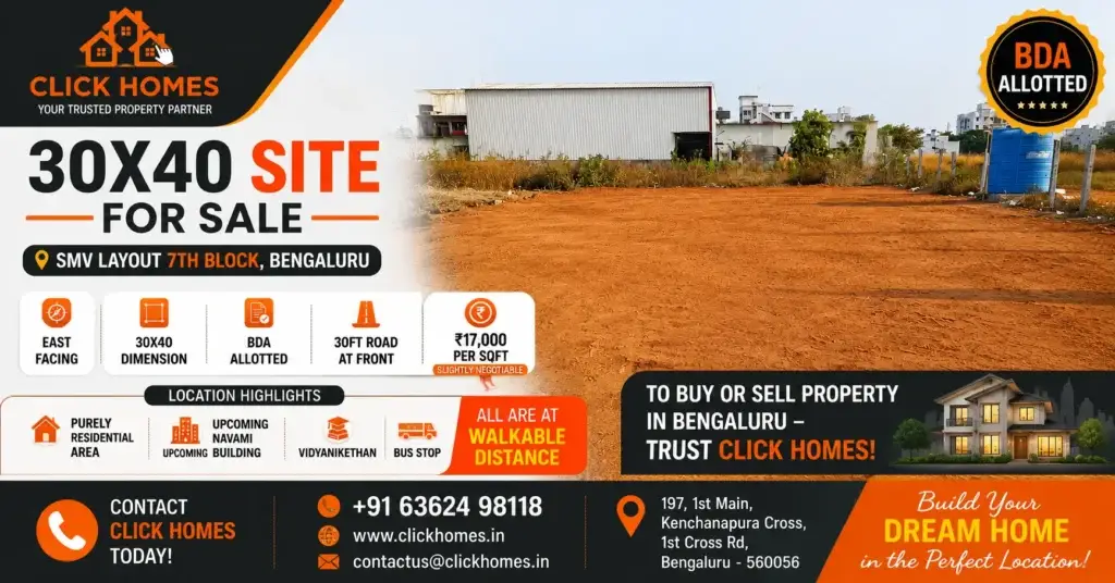 30X40 BDA Site for Sale in SMV Layout 7th Block!: A leveled, vacant 30x40 sqft residential plot with reddish-brown soil in SMV Layout 7th Block, Bengaluru. The image features a 30ft front road, East-facing layout, and BDA allotted badge listed by Click Homes for ₹17,000 per sqft.