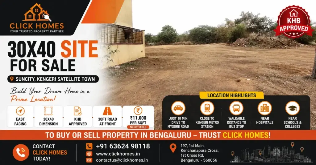 30X40 Site for Sale in Suncity K.S.Town: A wide, clear, land site for sale in Suncity, Kengeri Satellite Town, Bengaluru. The image highlights a 30x40 sqft East-facing KHB approved residential plot with a 30ft front road, listed by Click Homes for ₹11,000 per sqft.