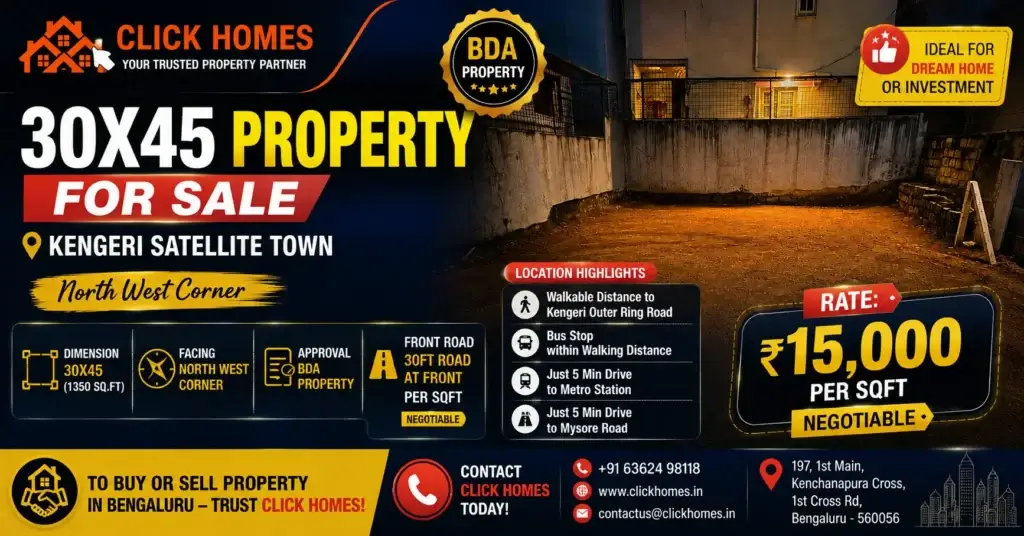 30X45 Corner Property for Sale in Kengeri Satellite Town: A vacant 30x40/30x45 residential corner plot site at night in Kengeri Satellite Town, Bengaluru, surrounded by residential boundary walls and buildings. The image details a North-West Corner BDA property listing by Click Homes with a 30ft front road, priced at ₹15,000 per sqft.