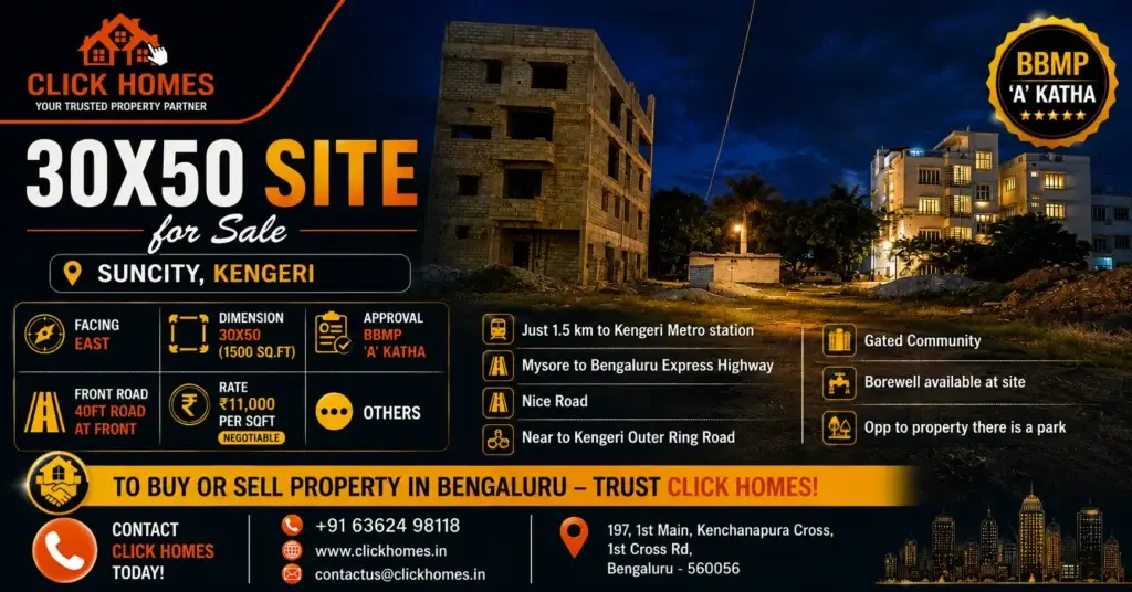 30X50 Site for Sale in Suncity Kengeri: A residential plot located in Suncity, Kengeri, Bengaluru, featuring an unfinished concrete building structure under a night sky. The image highlights a 30x50 sqft East-facing site with BBMP A-Katha approval, 40ft front road, and proximity to Kengeri Metro Station, listed by Click Homes for ₹11,000 per sqft.
