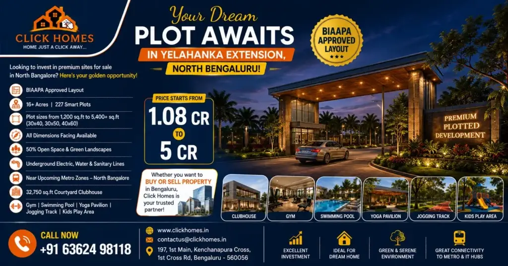 Premium Sites for Sale in Yelahanka Extension: Promotional banner for BIAAPA approved premium plots for sale in Yelahanka Extension, North Bengaluru. The image showcases an illuminated modern entrance archway at dusk, layout details, amenity icons like clubhouse, gym, pool, and price starting from ₹1.08 Cr to ₹5 Cr by Click Homes.