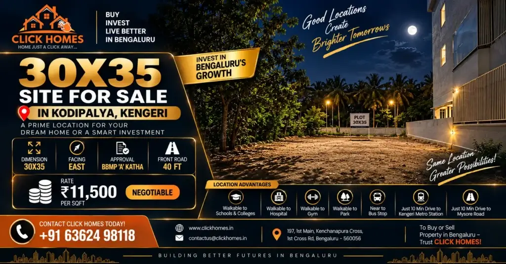 30X35 Site for Sale in Kodipalya: A leveled 30x35 sqft vacant residential plot at night with a sign board indicating Plot 30x35, surrounded by greenery, palm trees, and modern residential buildings in Kodipalya, Kengeri, Bengaluru. Graphic details an East-facing BBMP A-Katha plot listing by Click Homes with a 40ft front road, priced at ₹11,500 per sqft.