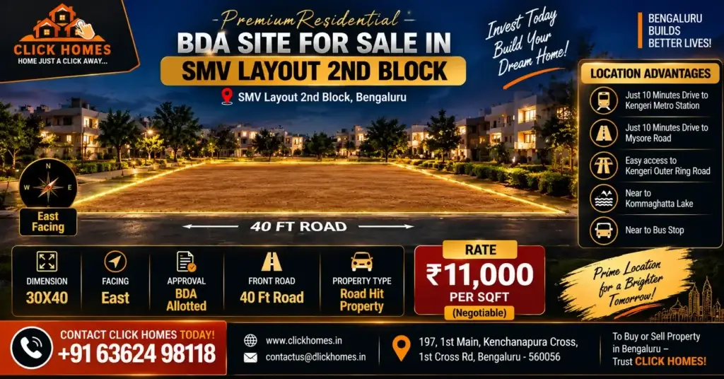 30X40 Site for Sale in SMV Layout 2nd Block: A vacant, leveled 30x40 sqft residential plot illuminated at dusk with yellow boundary highlights in SMV Layout 2nd Block, Bengaluru. Graphic details an East-facing BDA Allotted road-hit plot listing by Click Homes with a 40ft front road, priced at ₹11,000 per sqft.
