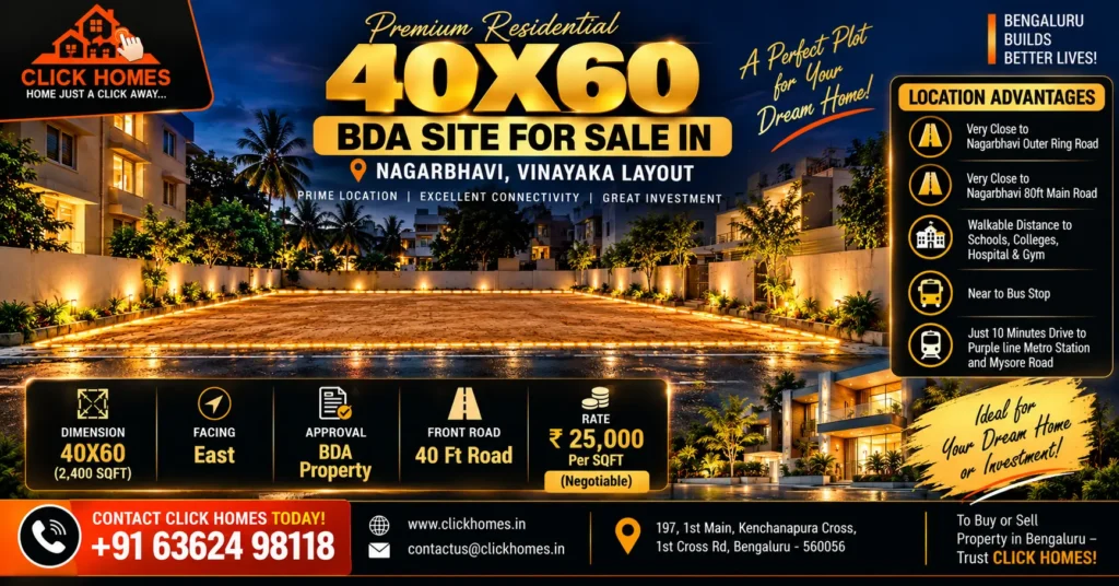 40X60 Site for Sale in Nagarbhavi: A vacant 40x60 sqft residential plot illuminated at dusk with glowing boundary highlights in Vinayaka Layout, Nagarbhavi, Bengaluru. Graphic details an East-facing BDA Property listing by Click Homes with a 40ft front road, priced at ₹25,000 per sqft.