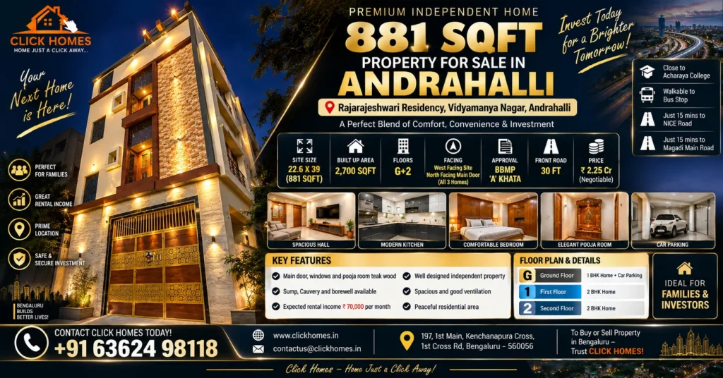 881 Sqft Property for Sale in Andrahalli: A modern multi-story G+3 luxury house illuminated at night in Banashankari 6th Stage 10th Block, Bengaluru. The image features inset shots of a spacious hall, Italian kitchen, stylish bedrooms, and lift facility, detailing a 2,850 sqft built-up area 4 BHK triplex BDA property listing by Click Homes priced at ₹2 Cr.