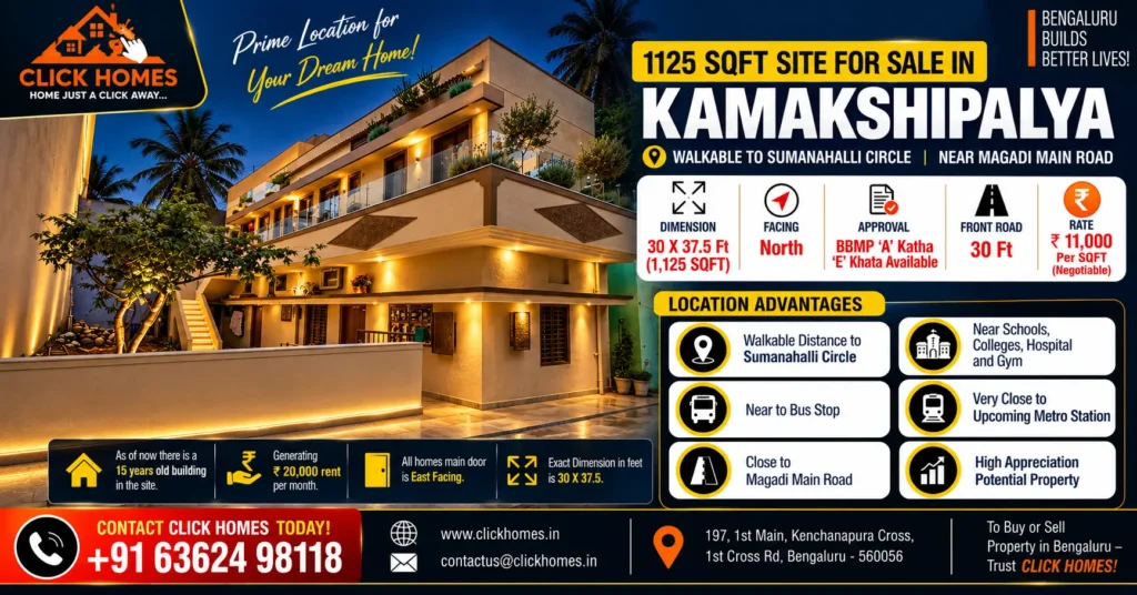 1125 Sqft Property for Sale in Kamakshipalya: An illuminated multi-story residential building at night in Kamakshipalya, Bengaluru. Graphic highlights an 1125 sqft (30x37.5 ft) North-facing BBMP 'A' Khata plot listing by Click Homes with a 30ft front road, generating ₹20,000 monthly rental income, priced at ₹11,000 per sqft.
