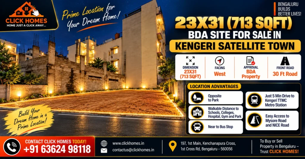 23X31 BDA Site for Sale in Kengeri Satellite Town: A vacant 23x31 sqft residential plot illuminated at dusk with glowing boundary highlights in Kengeri Satellite Town, Bengaluru. Graphic details a West-facing BDA Property listing by Click Homes with a 30ft front road.