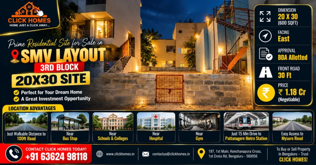20X30 Site for Sale in SMV Layout: A vacant, gated 20x30 sqft residential plot lit up at dusk, bordered by brick walls in SMV Layout 3rd Block, Bengaluru. Graphic details an East-facing BDA Allotted plot listing by Click Homes with a 30ft front road, priced at ₹1.18 Cr.