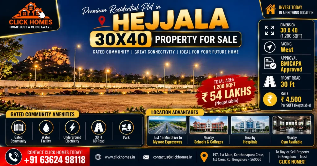 30X40 Site for Sale in Hejjala: A vacant, well-lit residential plot in a gated community in Hejjala, Bengaluru, set against a scenic backdrop illuminated at dusk. Graphic details a 30x40 sqft (1,200 sqft) West-facing BMICAPA approved plot listed by Click Homes with a 30ft front road, priced at ₹54 Lakhs.
